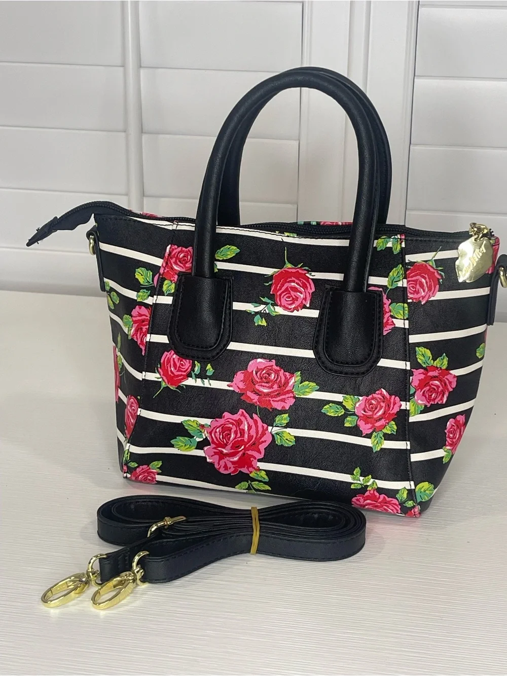 Luv Betsy Floral Stripe Mini Satchel Handbag with Crossbody Strap